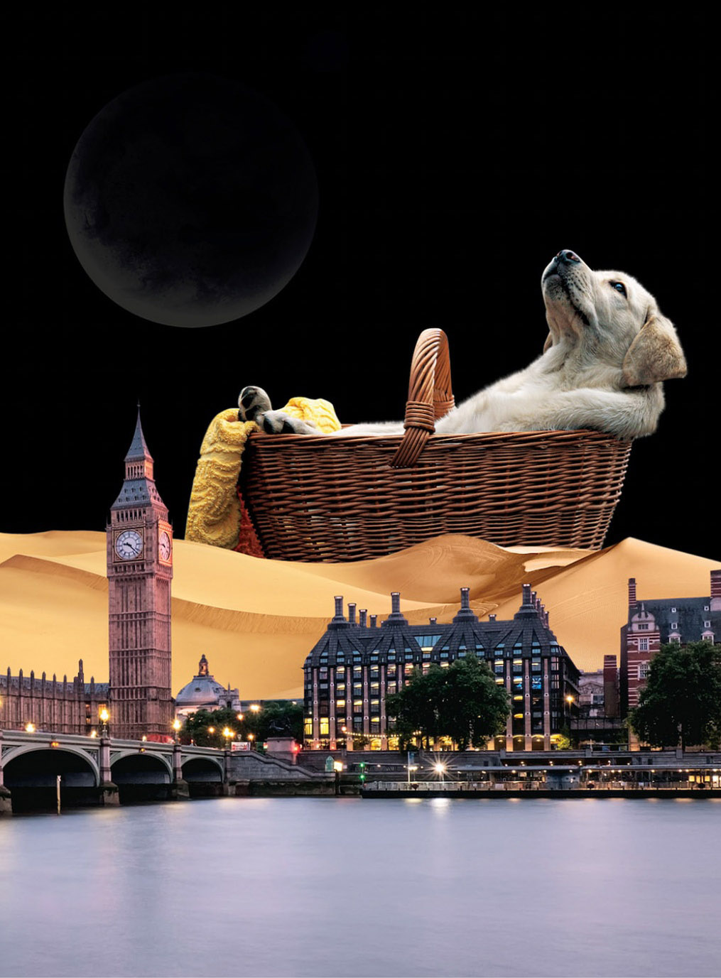 Surreal London scene with a puppy in a basket