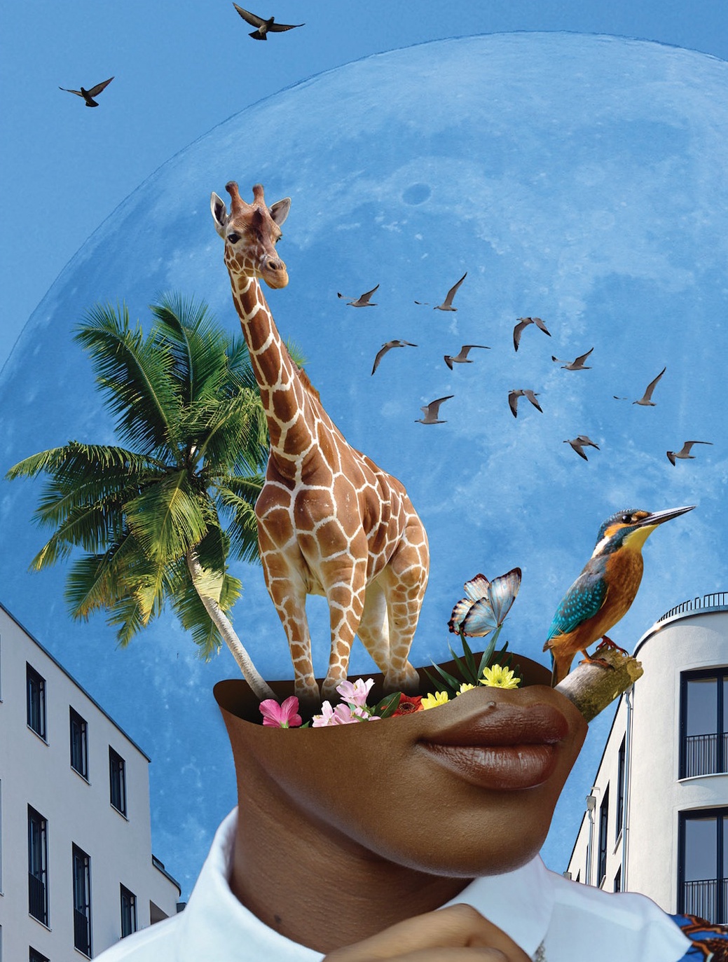 Surreal portrait with giraffe, birds and moon