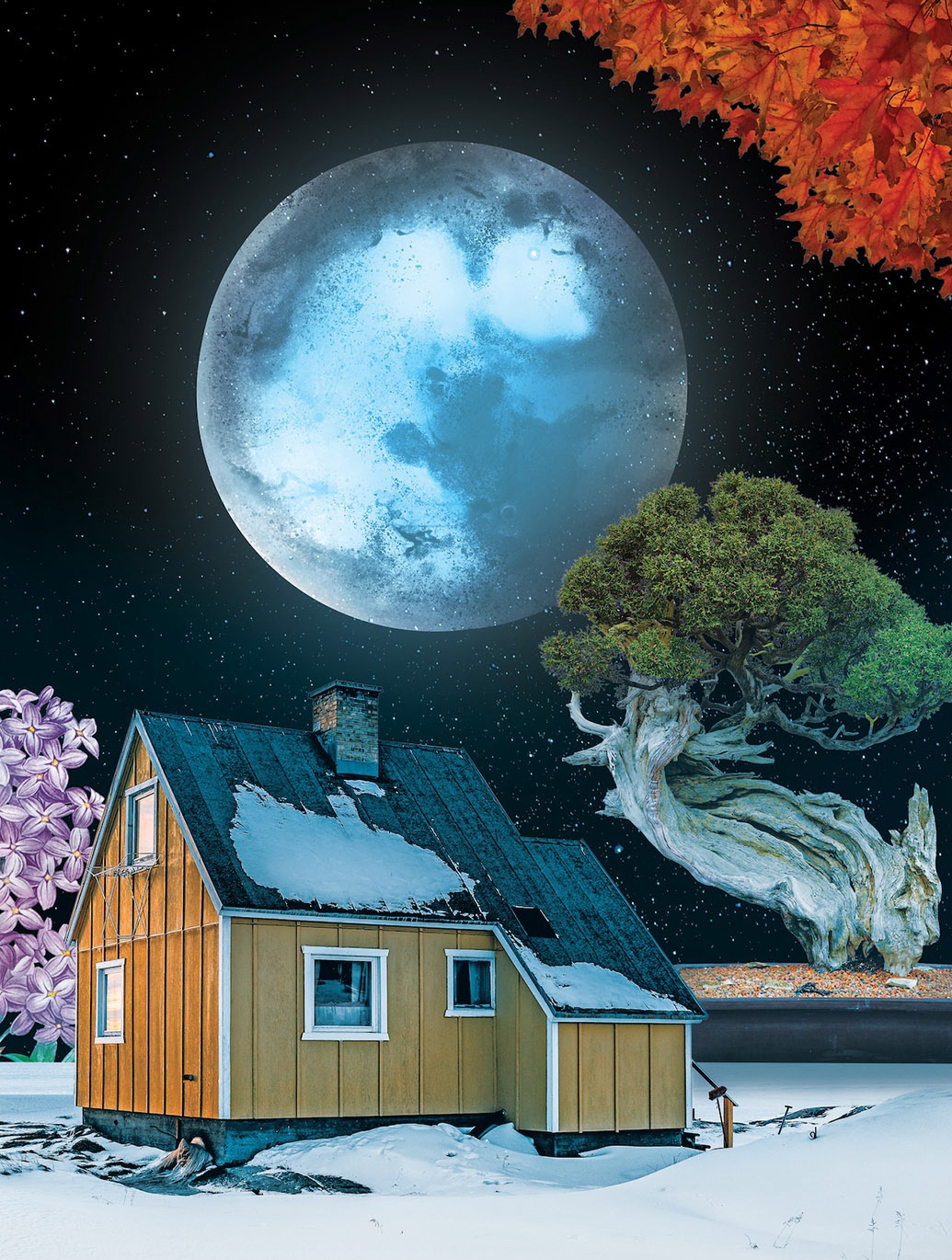 Moonlit surreal winter house and tree