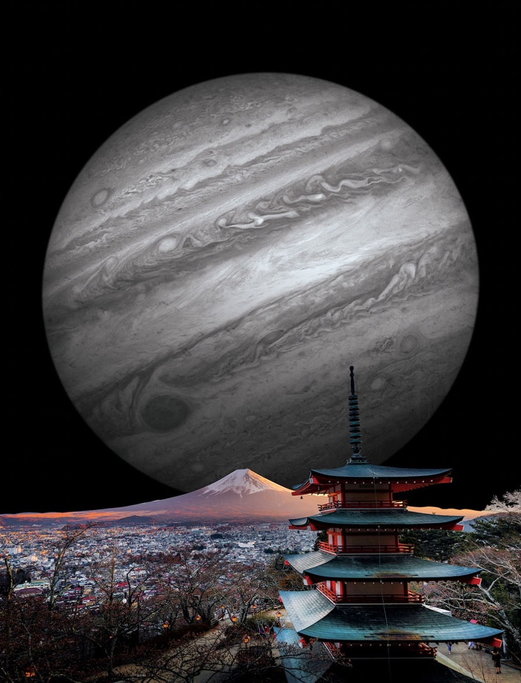 Surreal Japan cityscape beneath a giant planet