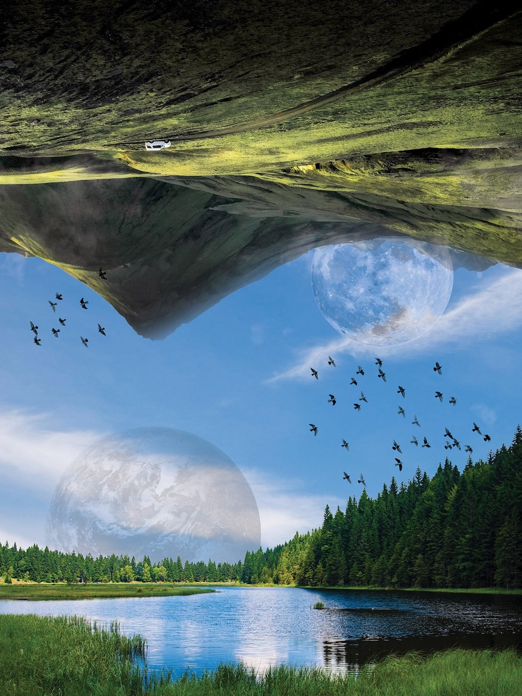 Surreal inverted mountain and lake landscape